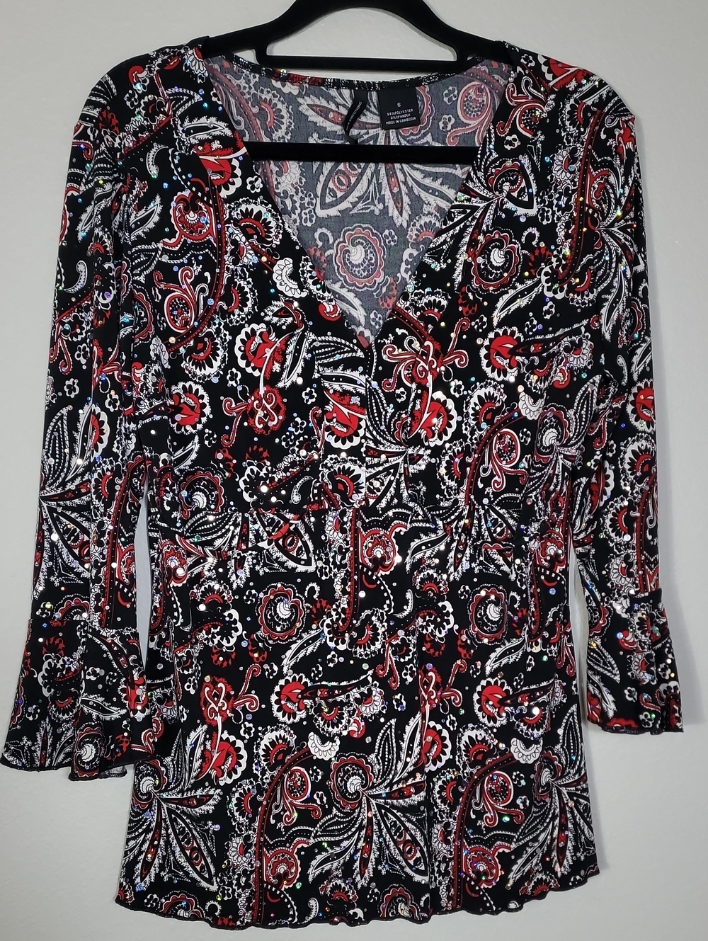 Y2K Bell Sleeve Sparkle Top Size Small Red Black Whimsigoth 90s Grunge Holiday